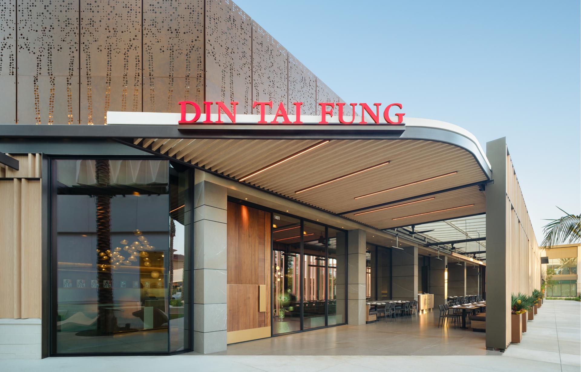Custom dimensional logo signage above the entrance of Din Tai Fung's Santa Monica restaurant