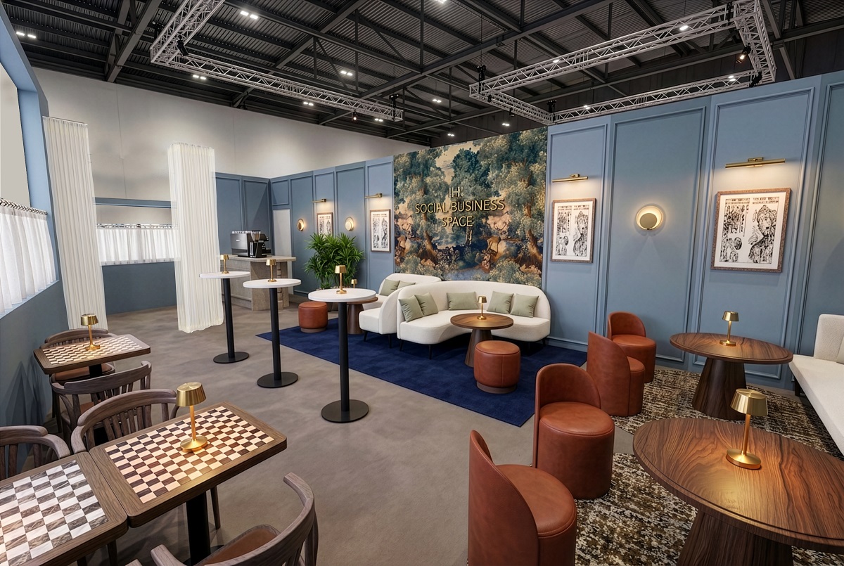 Trade show exhibition booth built from coordinated modular components