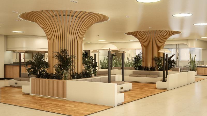 Durable wood-clad columns and seating built for long-term public use