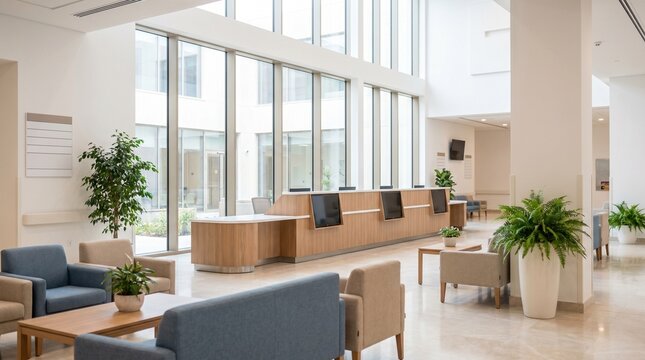 Accessible reception desk with check-in kiosks at varied heights