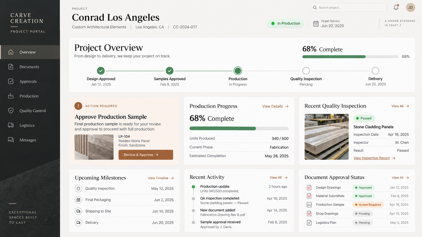 Carve Creation Project Portal overview screen showing production progress, quality inspection, and milestones