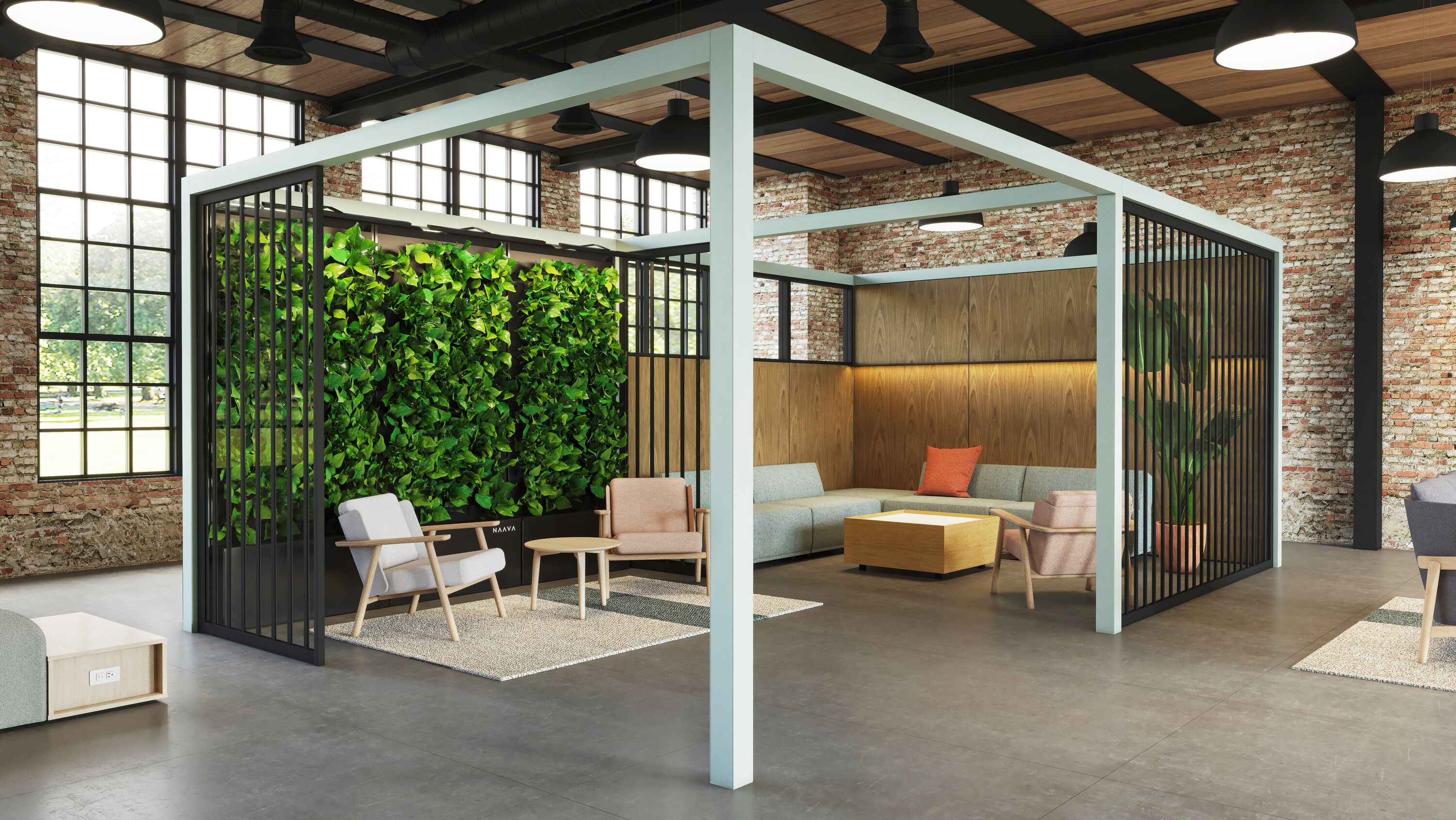 Semi-open Carve Flex pod configured as a reception and waiting area in a gallery