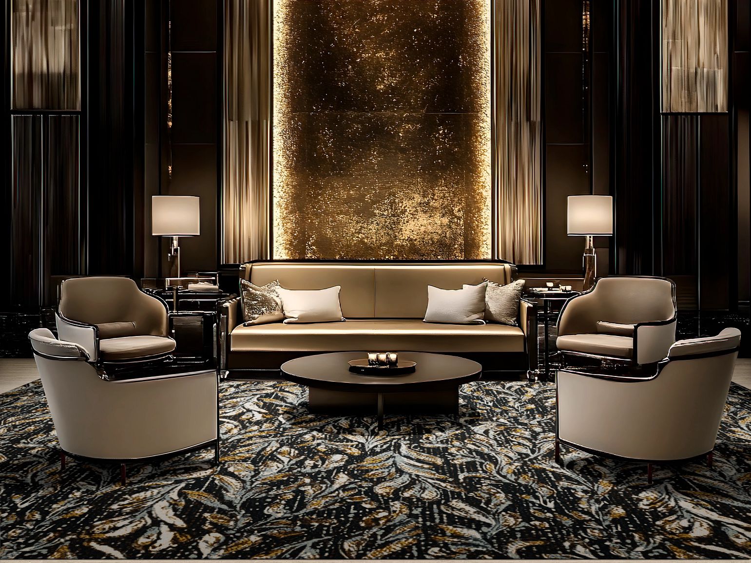 Hospitality lounge interior with coordinated furniture and lighting
