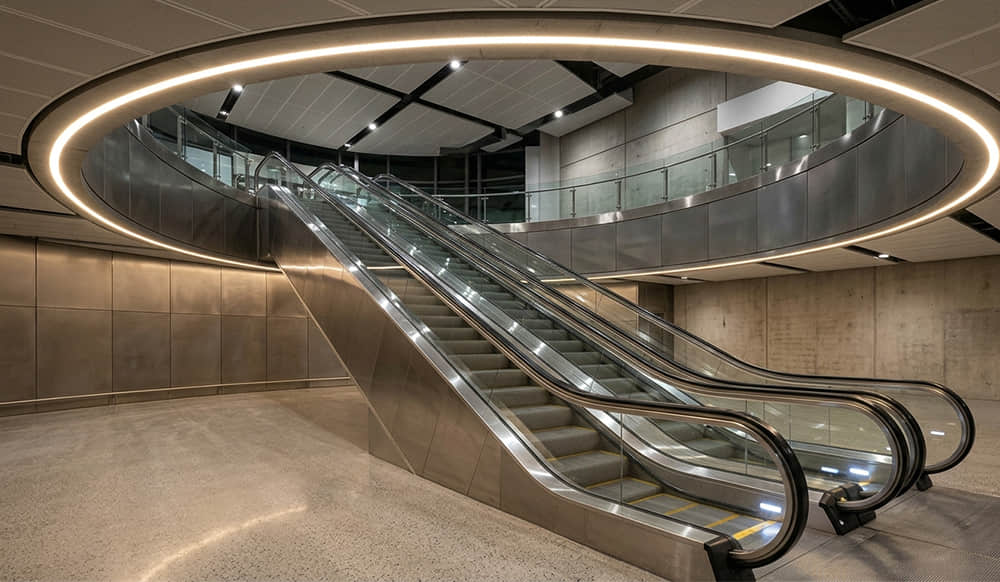Large-scale suspended circular light fixture over an escalator atrium