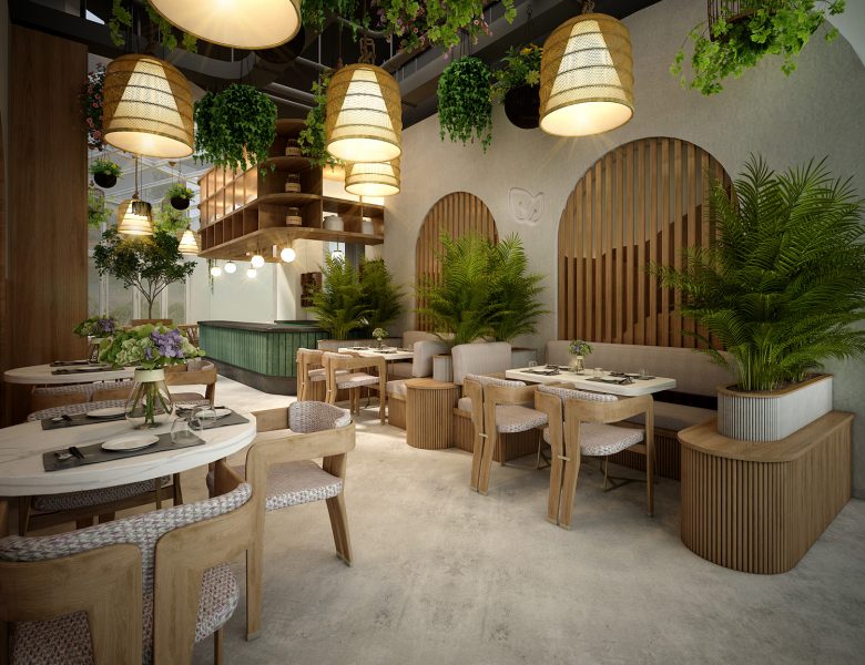 Flagship restaurant interior with custom lighting fixtures