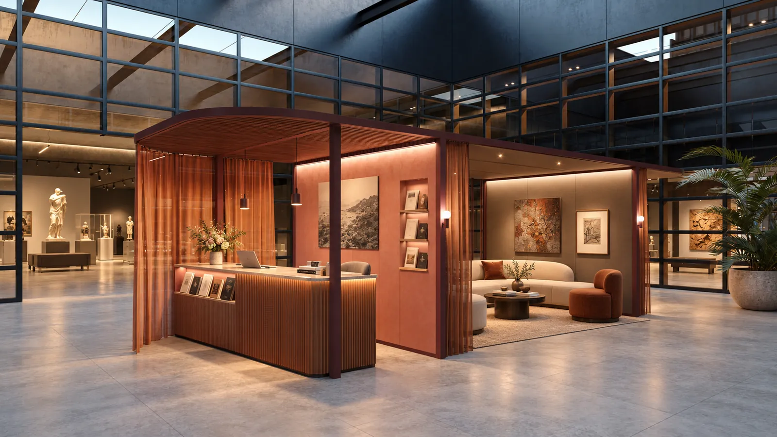 Carve Flex pod used as a reception desk and lounge in a gallery lobby