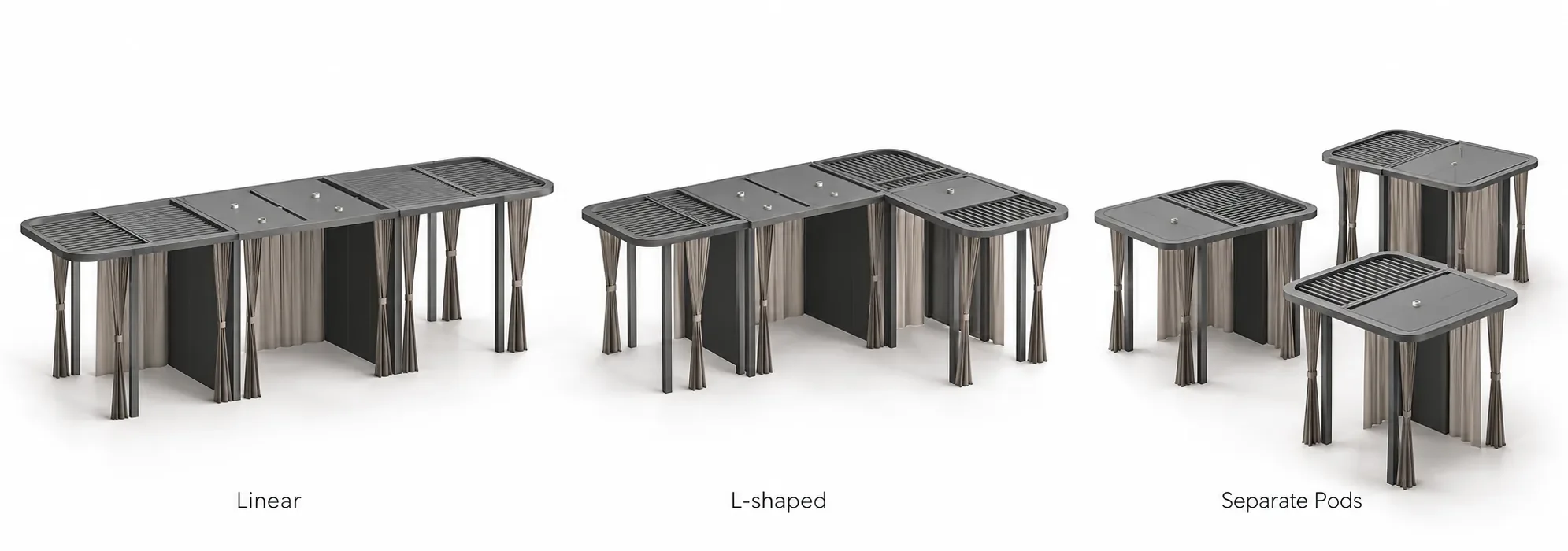 Carve Flex concept layouts showing linear, L-shaped, and separate pod configurations built from the same component system