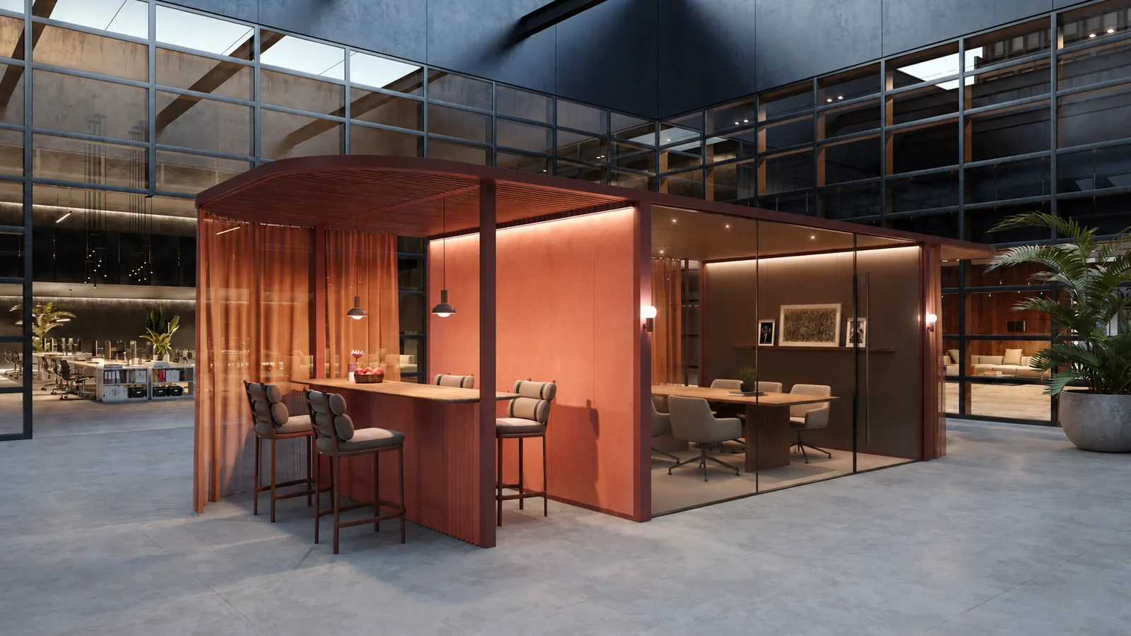 Carve Flex pod used as a workplace collaboration and meeting space with a bar-height table and an enclosed glass meeting room