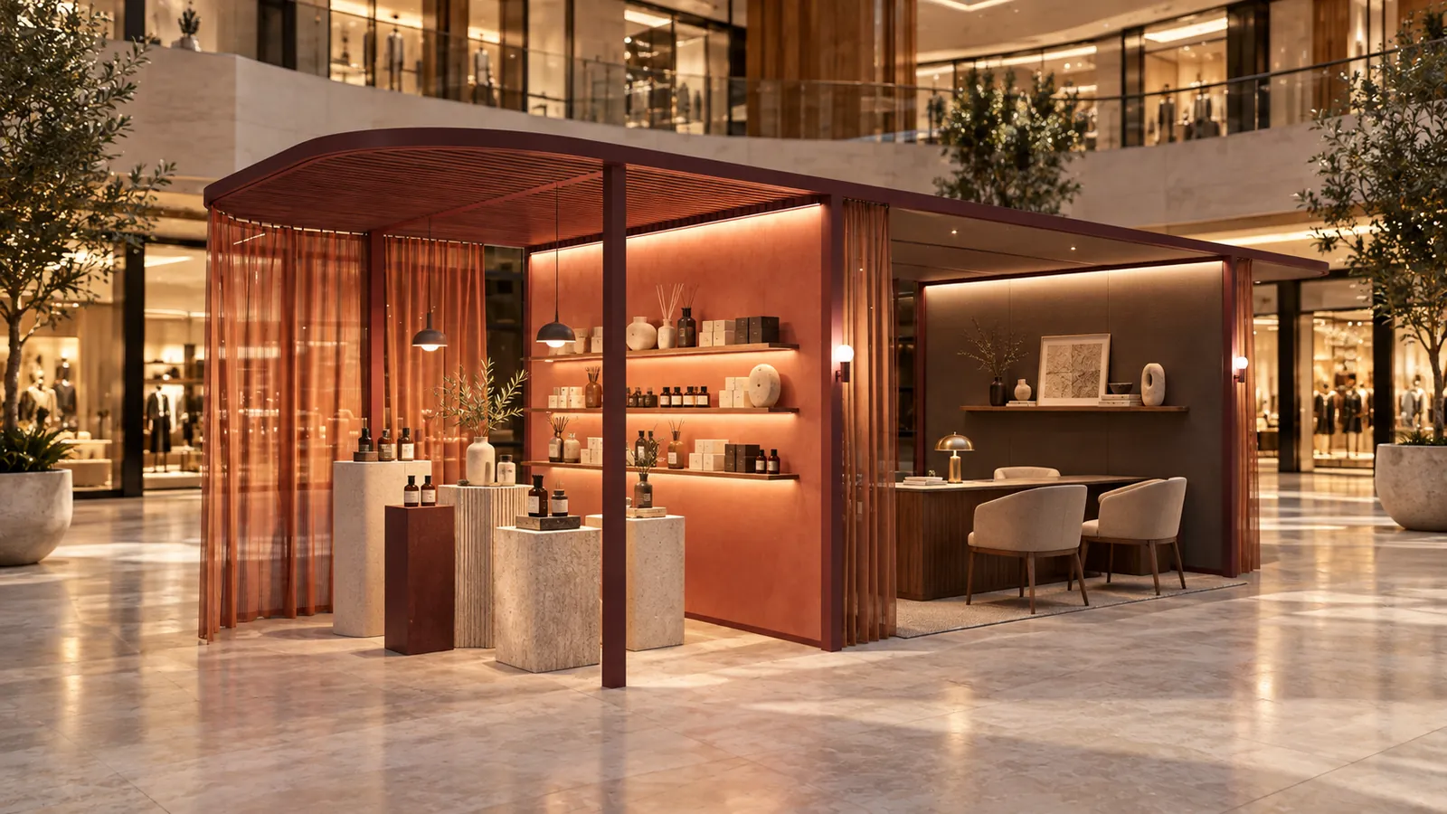 Carve Flex pod used as a retail pop-up with product displays and a consultation table in a shopping mall