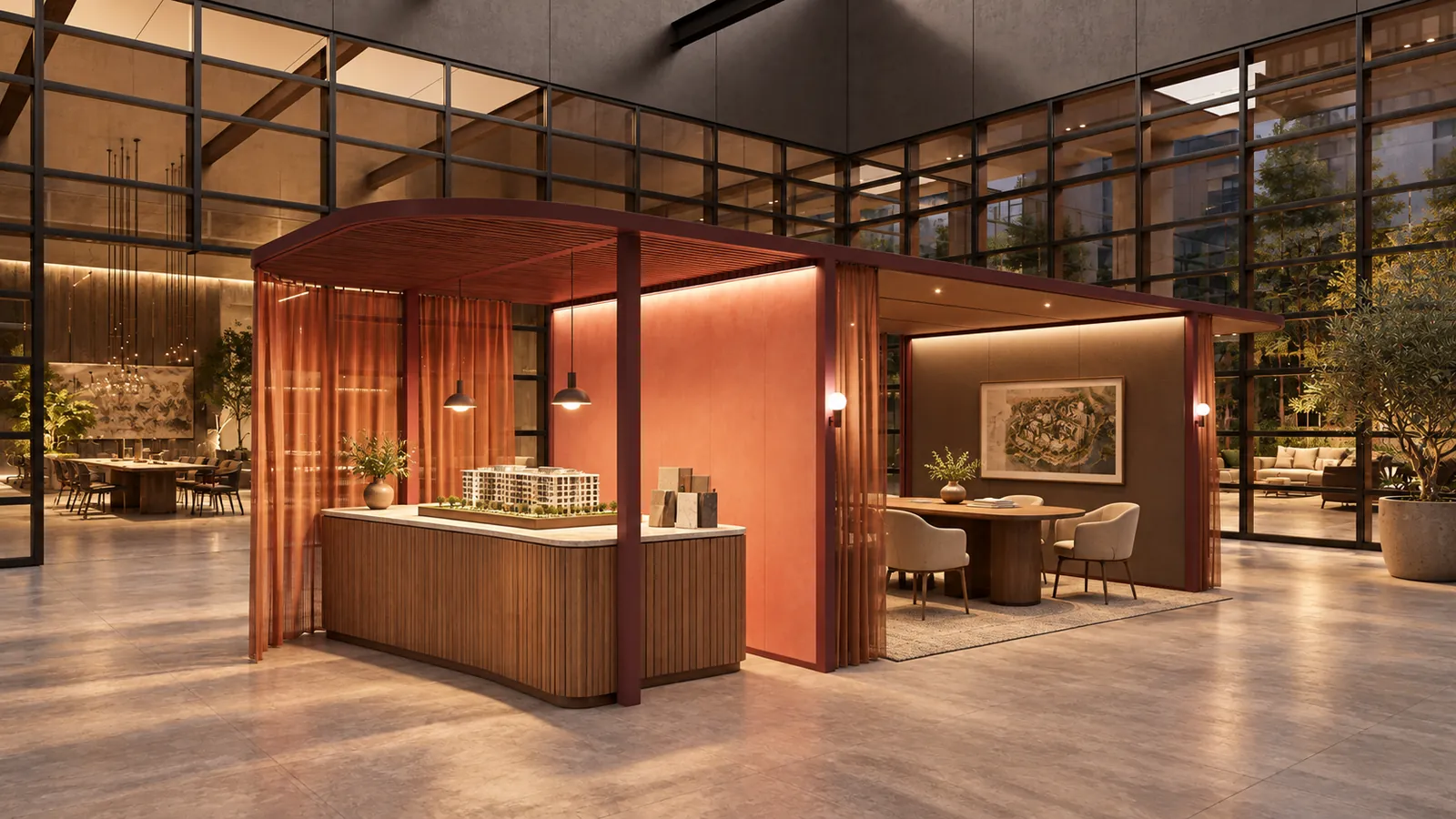 Carve Flex pod used as a real estate leasing center with an architectural model and meeting table