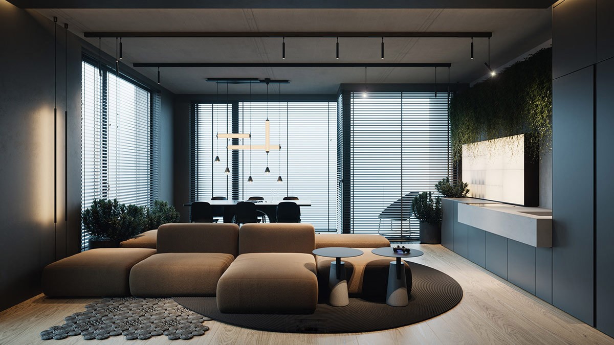 Repeated pendant fixture program across a coordinated interior