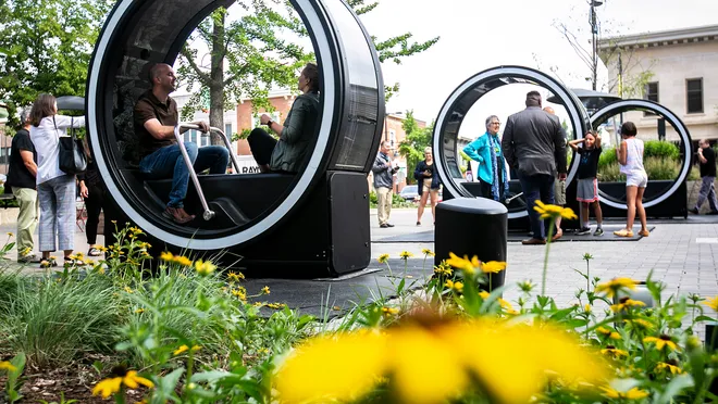Interactive ring-shaped public art installation Loop at the Iowa City Pedestrian Mall