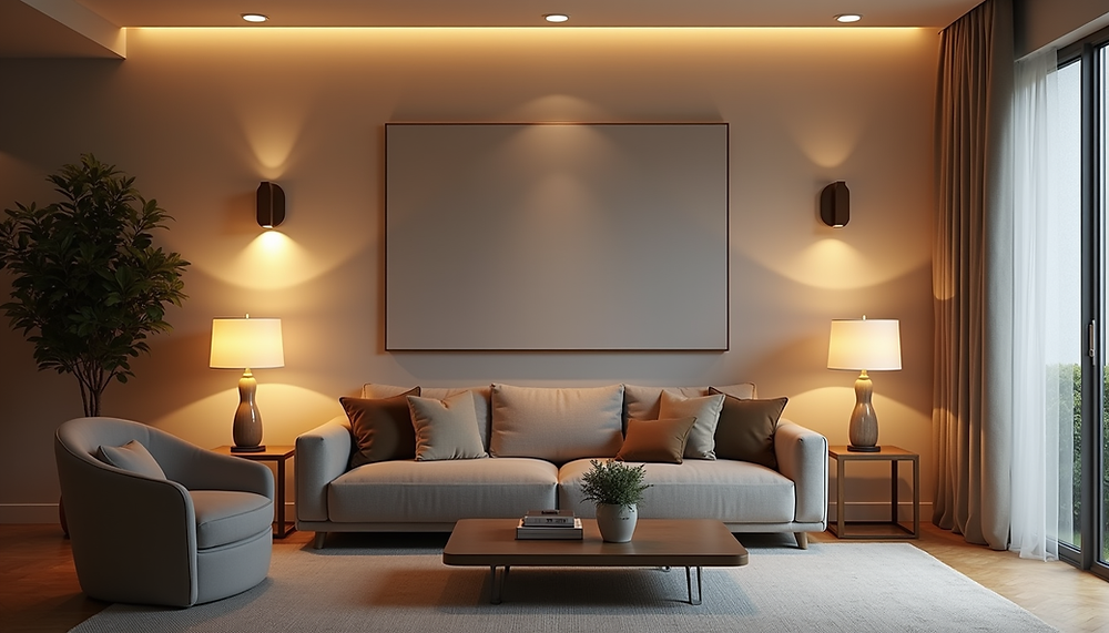 Matched wall sconces and table lamps forming a coordinated lighting family in a residential living room