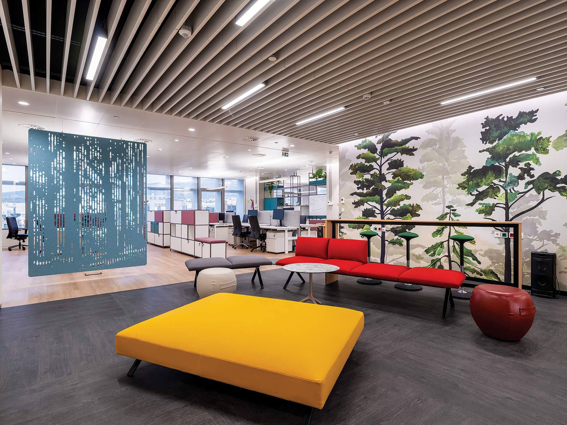 Workplace environmental graphics and acoustic panels expressing brand identity